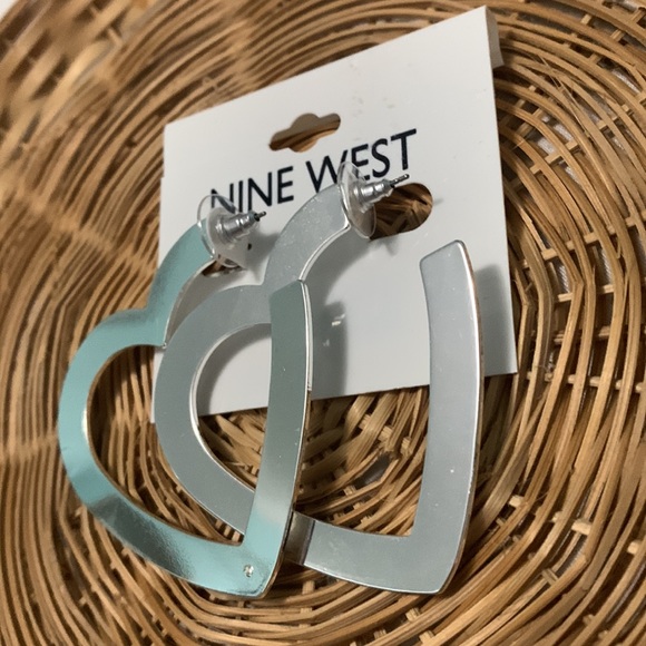 Nine West Large Heart Hoop Loved Silver Tone Earrings Friends Gift - Picture 4 of 7